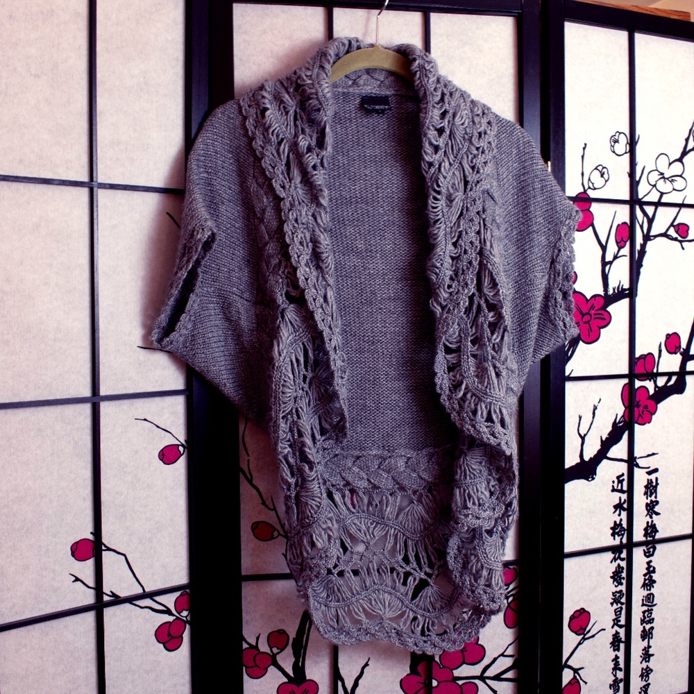 Shawl Collar Draped Short-Sleeve Knit Cardigan